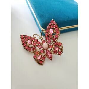 Vintage Pink Rhinestone and Gold Tone Butterfly Brooch